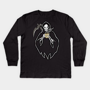 Grim Reaper Loves Coffee Fan Gift Kids Long Sleeve T-Shirt